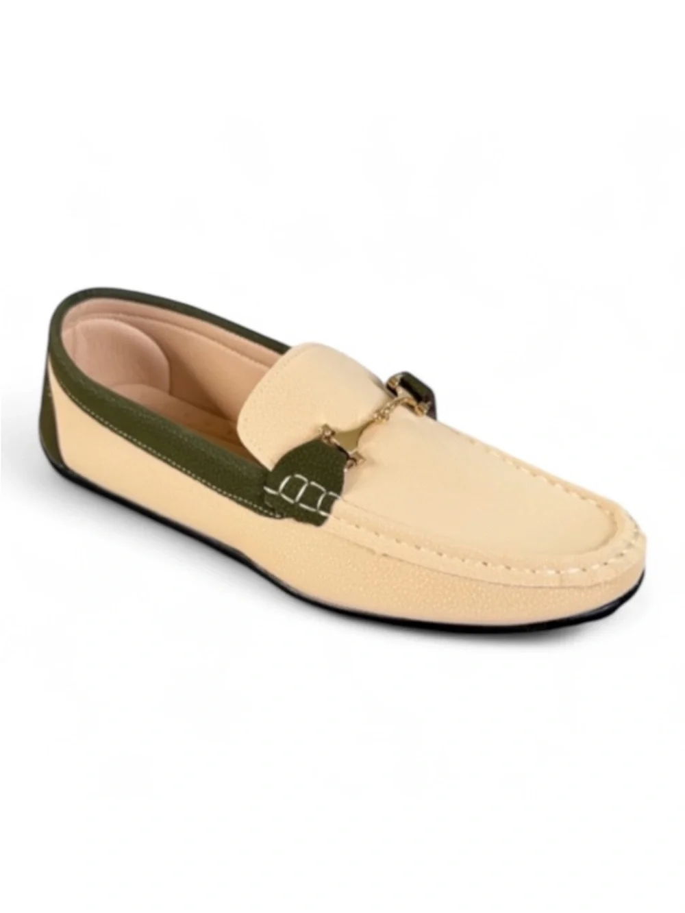 Green cream vegan leather gold horsebit accent slip on style loafers size 42